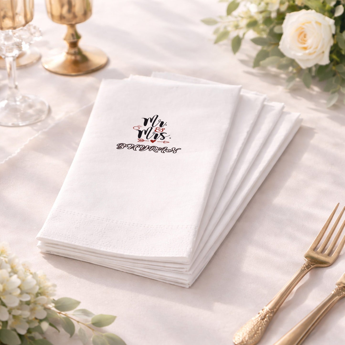 Mr & Mrs Yazılı İsimli Düğün Baskılı Peçete Tasarımı