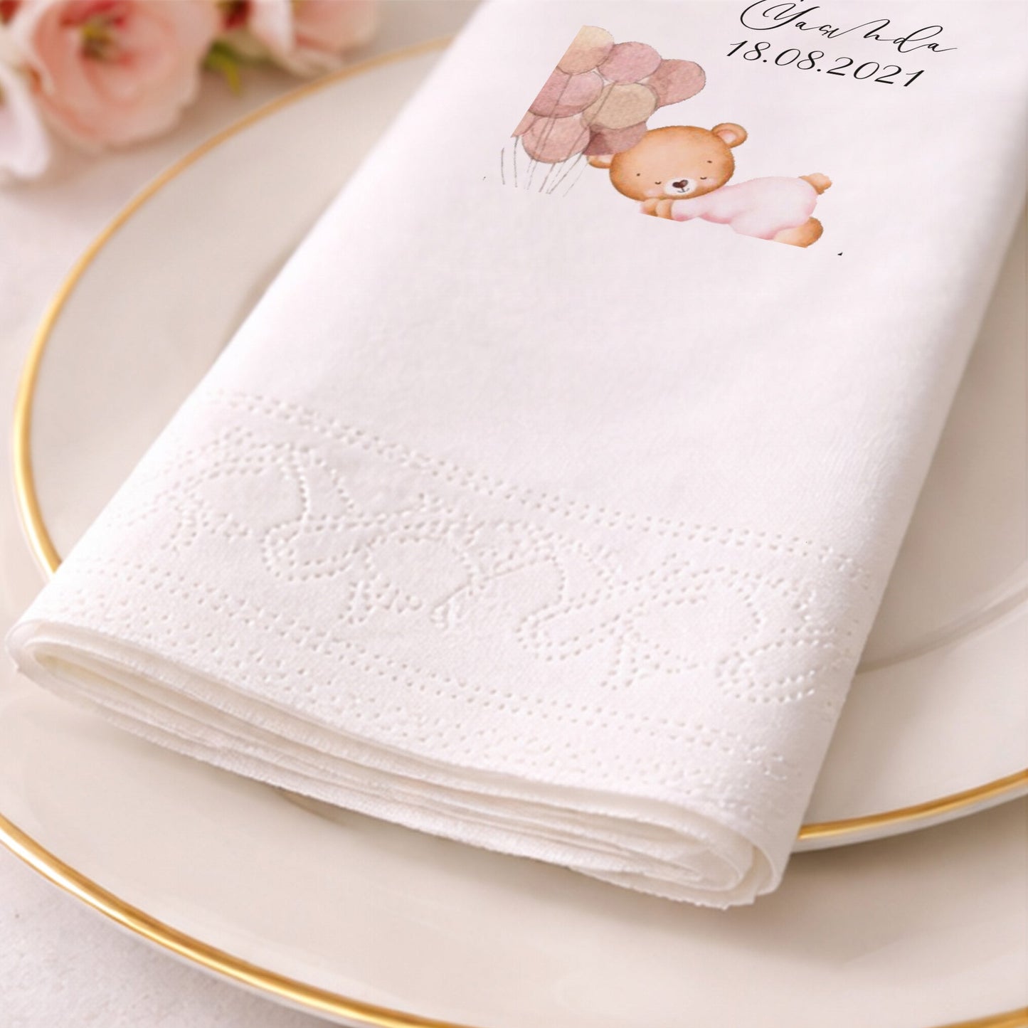 Yade 1 Yaşında Ayıcıklı ve Balonlu Soft Tasarım Bebek Peçetesi