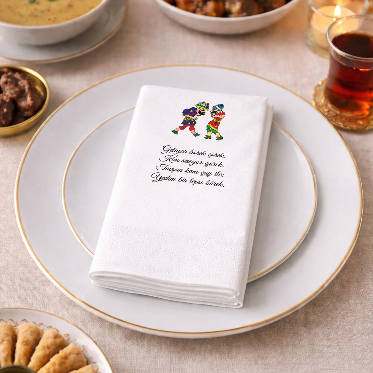 Kidzia Hacivat & Karagöz Ramazan Peçetesi – Mani Yazılı, 33x33 cm Çift Katlı, 20’li Paket