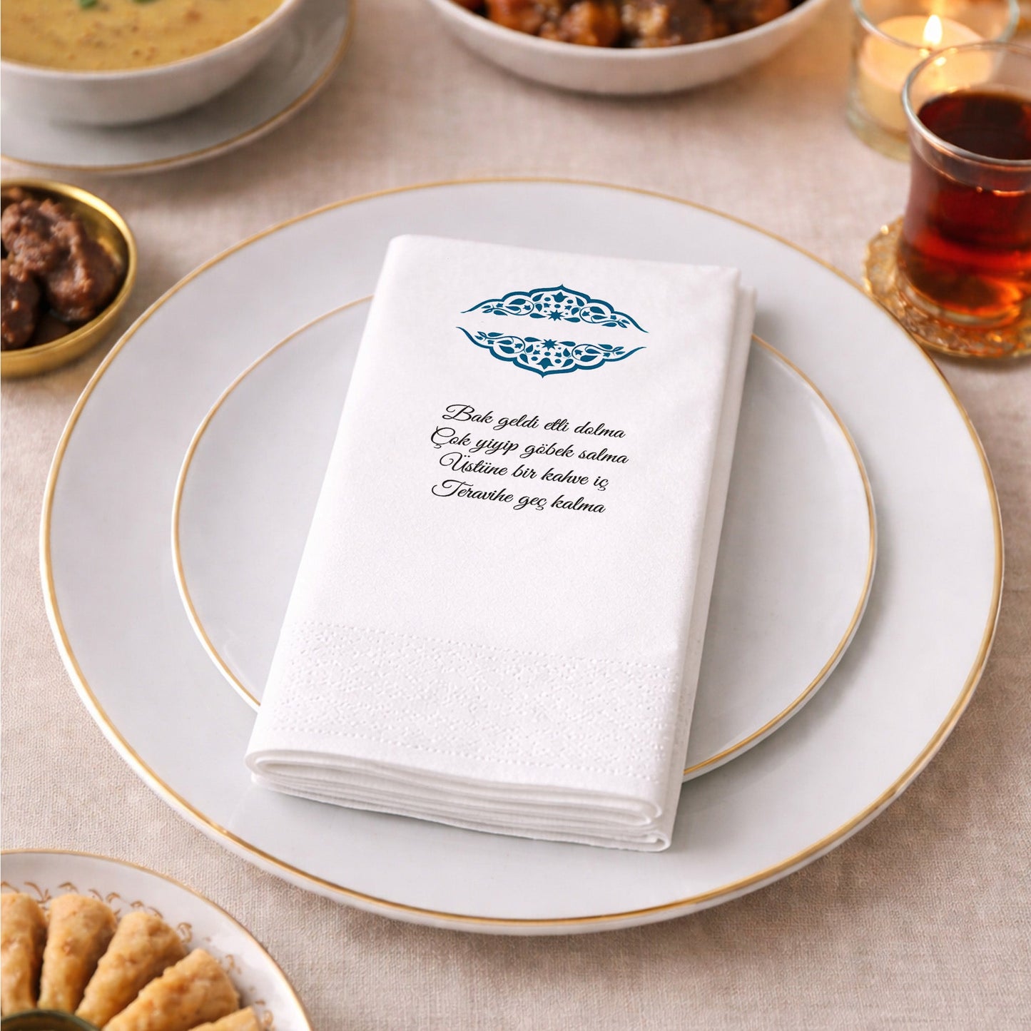 Kidzia Osmanlı Motifli Ramazan Peçetesi – Mani Yazılı, 33x33 cm Çift Katlı, 20’li Paket