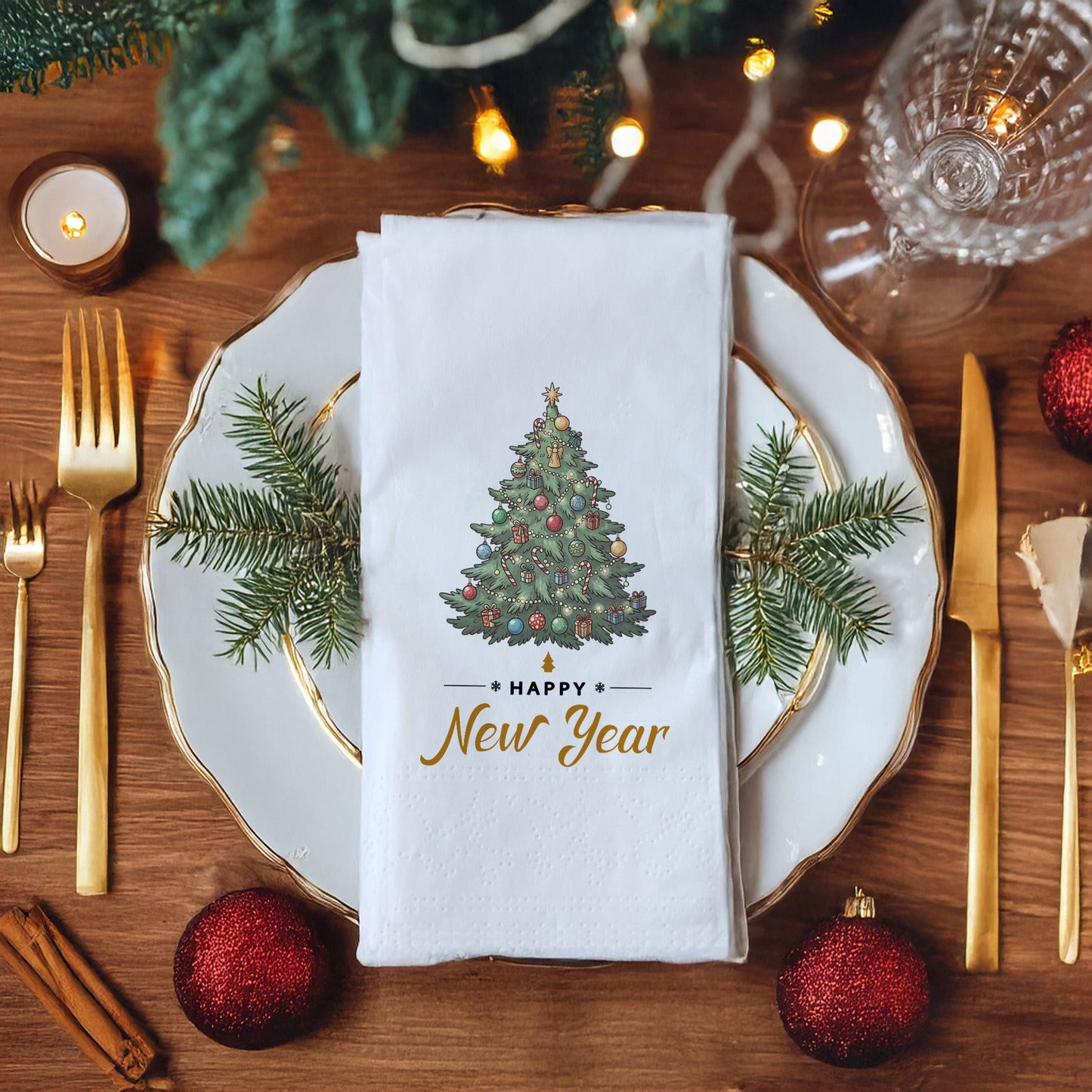 Happy New Year Baskılı Yılbaşı Peçetesi – Süslemeli Çam Ağacı Temalı Yeni Yıl Peçetesi | 33x33 cm, 20’li Paket