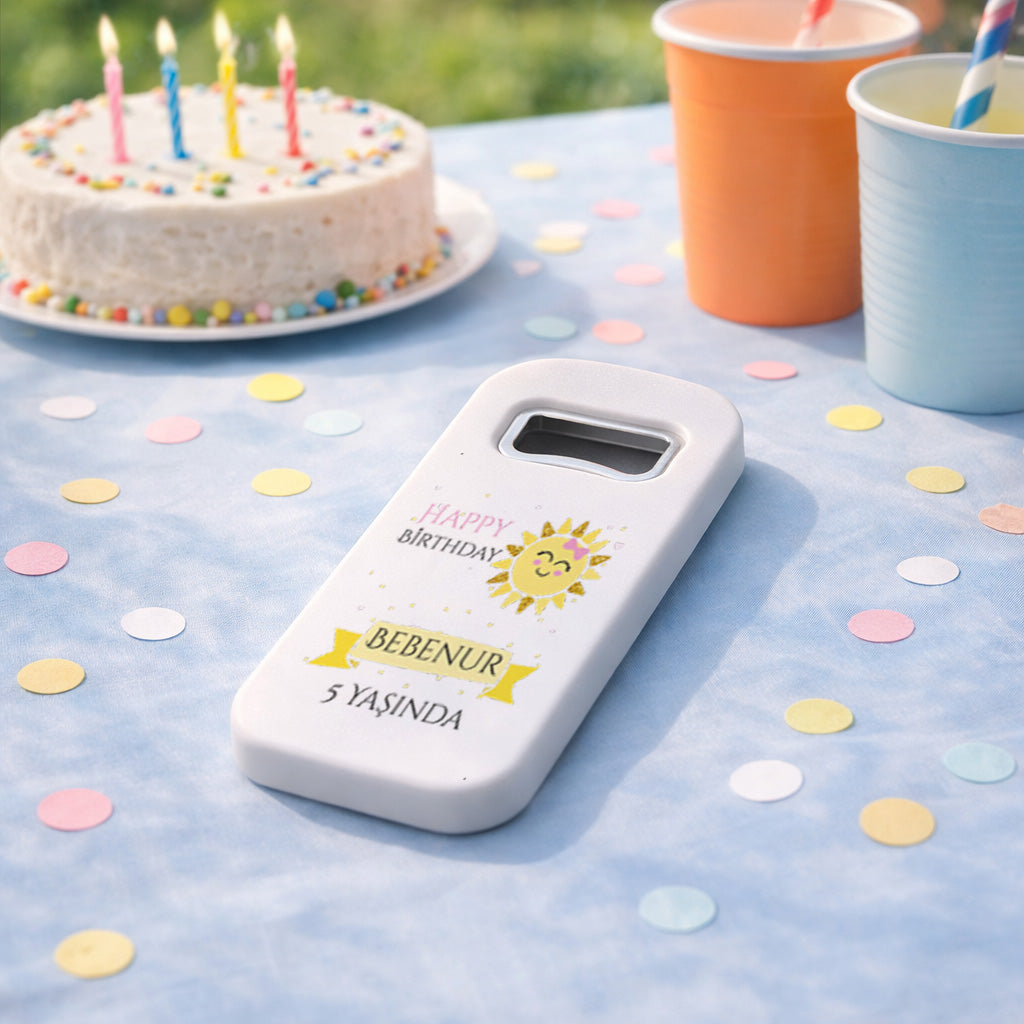 Kişiye Özel Happy Birthday Açacak Magnet | Güneş Temalı Doğum Günü Hediyelik | İsimli Şişe Açacağı