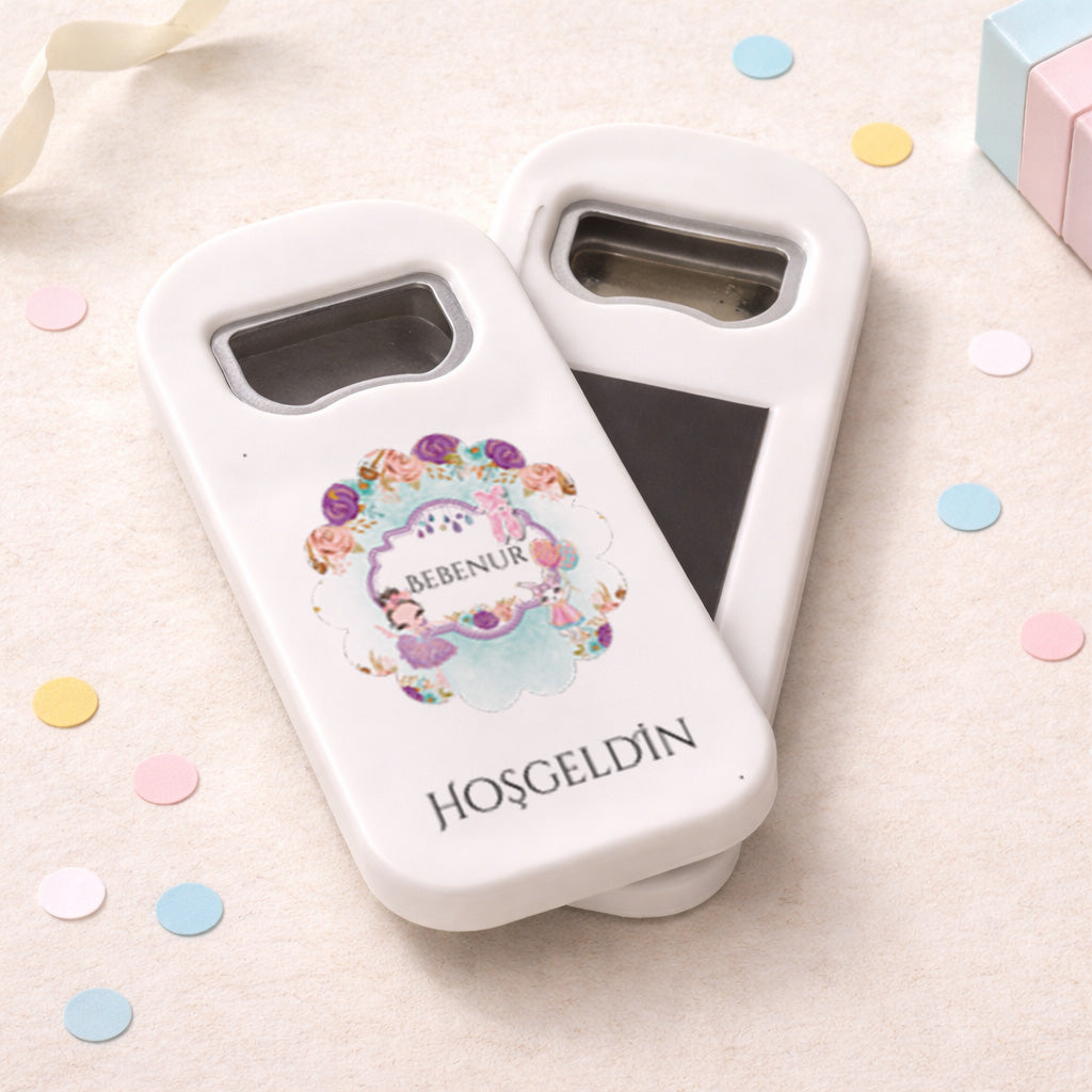 Kişiye Özel Hoşgeldin Bebek Açacak Magnet | Çiçekli Baby Shower Hediyelik