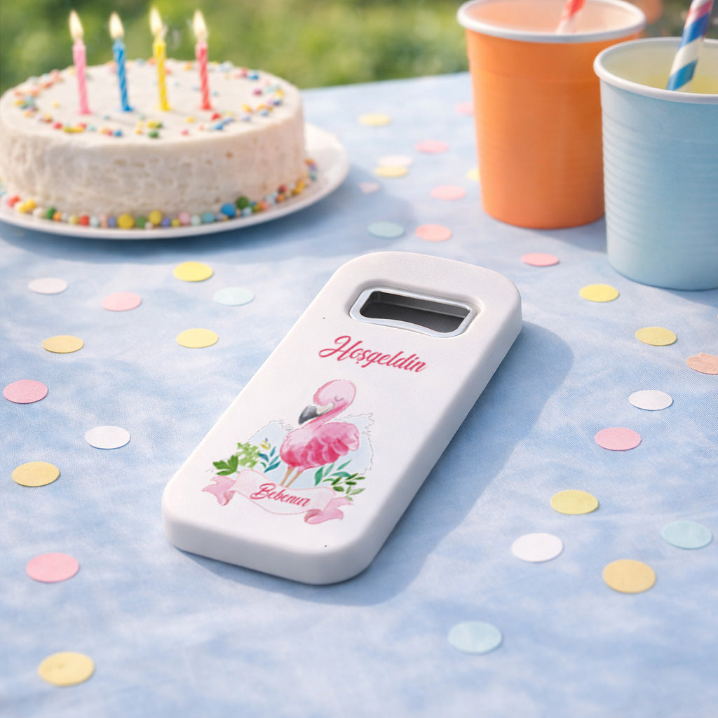 Flamingo Temalı Kişiye Özel Açacak Magnet – İsimli Kız Bebek Hoşgeldin Hediyelik