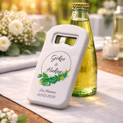 Zeytin Dalı Desenli Düğün Magnet Açacak | Doğal İsim Baskılı Söz Hatırası