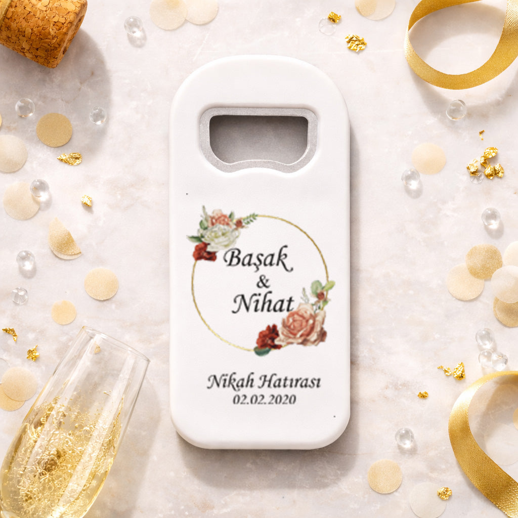 Vintage Gül Desenli Düğün Magnet Açacak | Gold Halka İsim Baskılı Nikah Hatırası