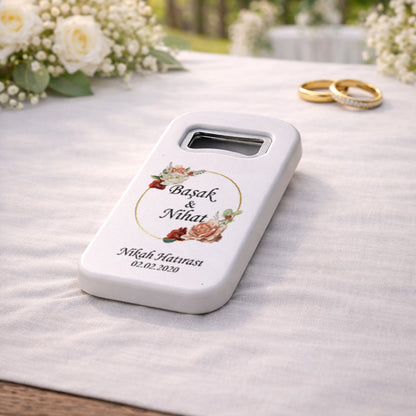 Vintage Gül Desenli Düğün Magnet Açacak | Gold Halka İsim Baskılı Nikah Hatırası