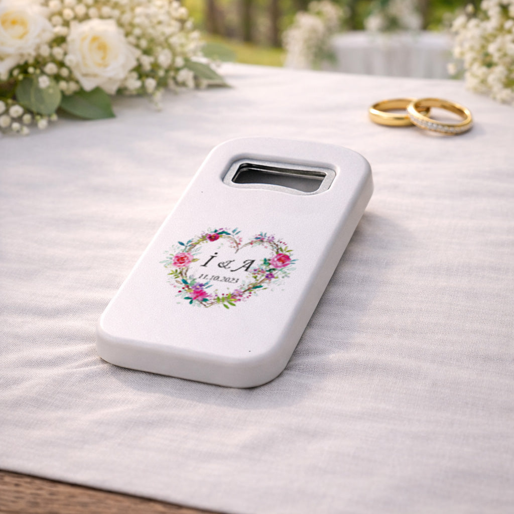 Çiçekli Kalp Düğün Magnet Açacak | Romantik İsim Baş Harfli Hatıra