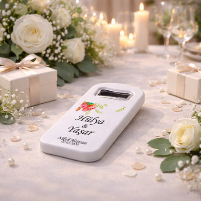Köşe Çiçekli Düğün Magnet Açacak | Sade İsim Baskılı Nikah Hatırası