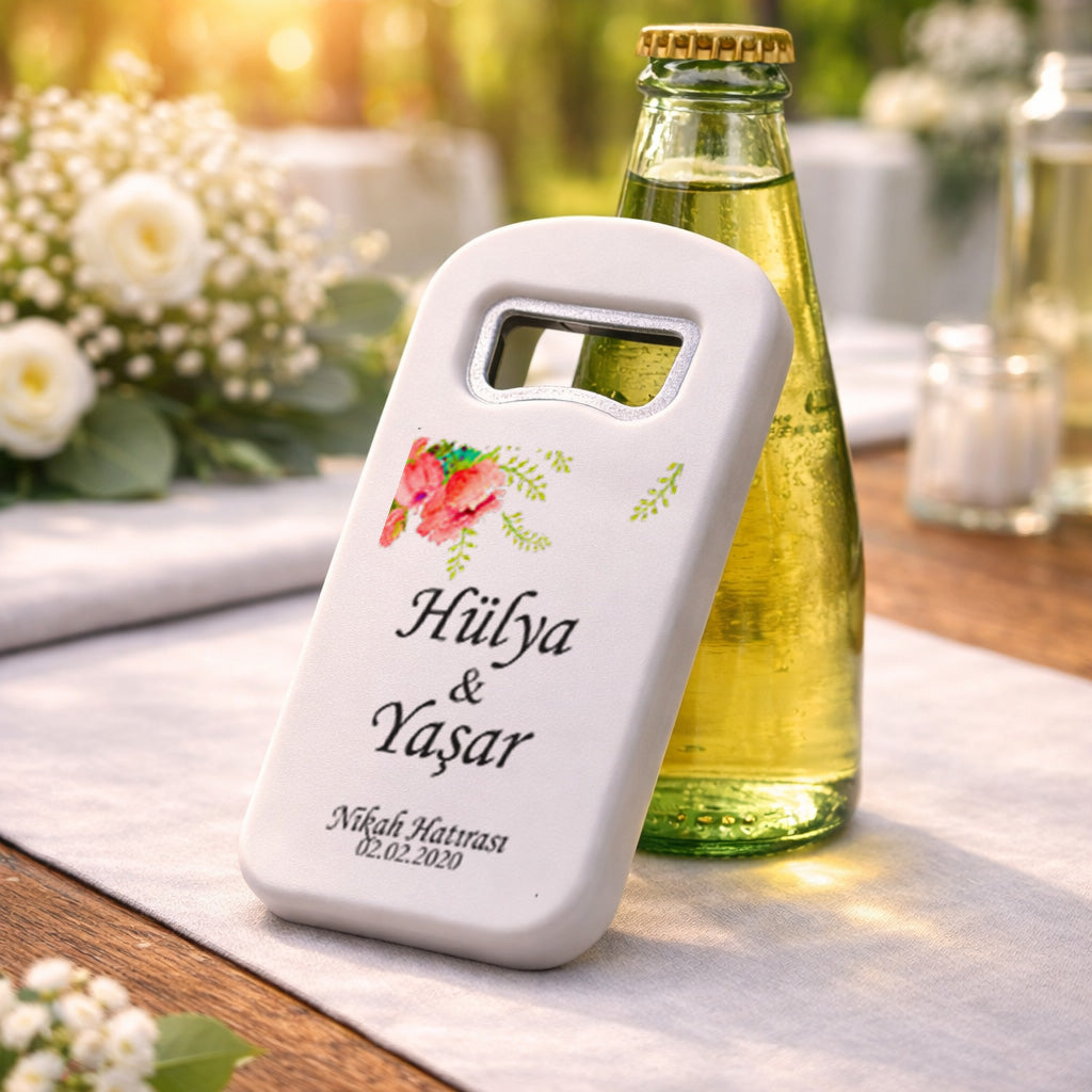 Köşe Çiçekli Düğün Magnet Açacak | Sade İsim Baskılı Nikah Hatırası