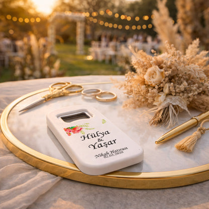 Köşe Çiçekli Düğün Magnet Açacak | Sade İsim Baskılı Nikah Hatırası