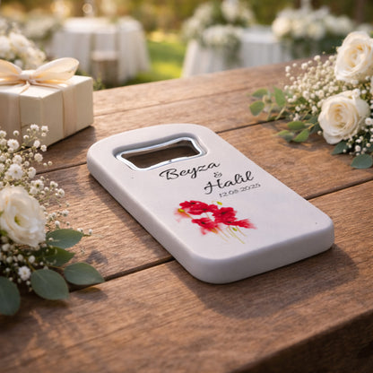 Kırmızı Çiçekli Düğün Magnet Açacak | Sade Şık İsim Baskılı Nikah Hatırası