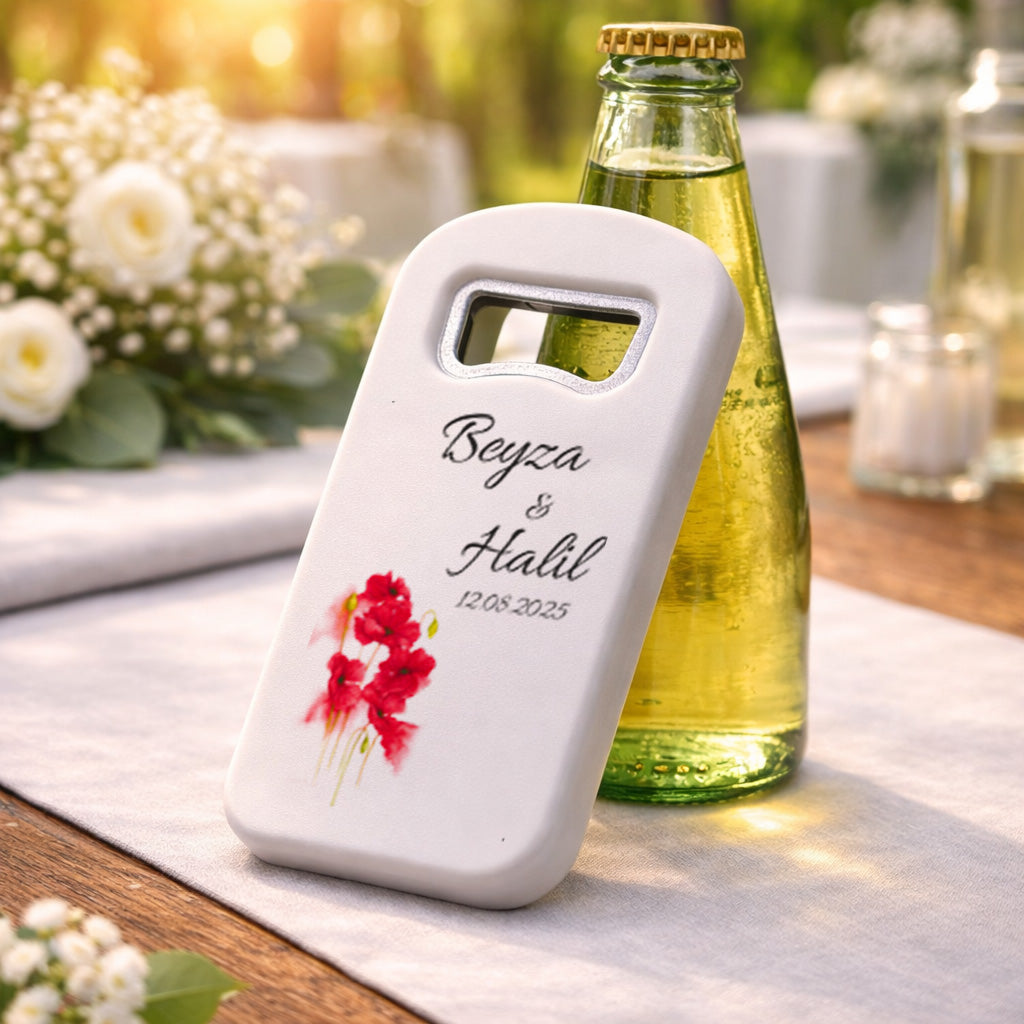 Kırmızı Çiçekli Düğün Magnet Açacak | Sade Şık İsim Baskılı Nikah Hatırası