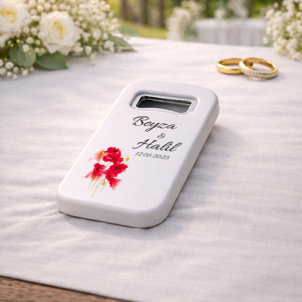 Kırmızı Çiçekli Düğün Magnet Açacak | Sade Şık İsim Baskılı Nikah Hatırası