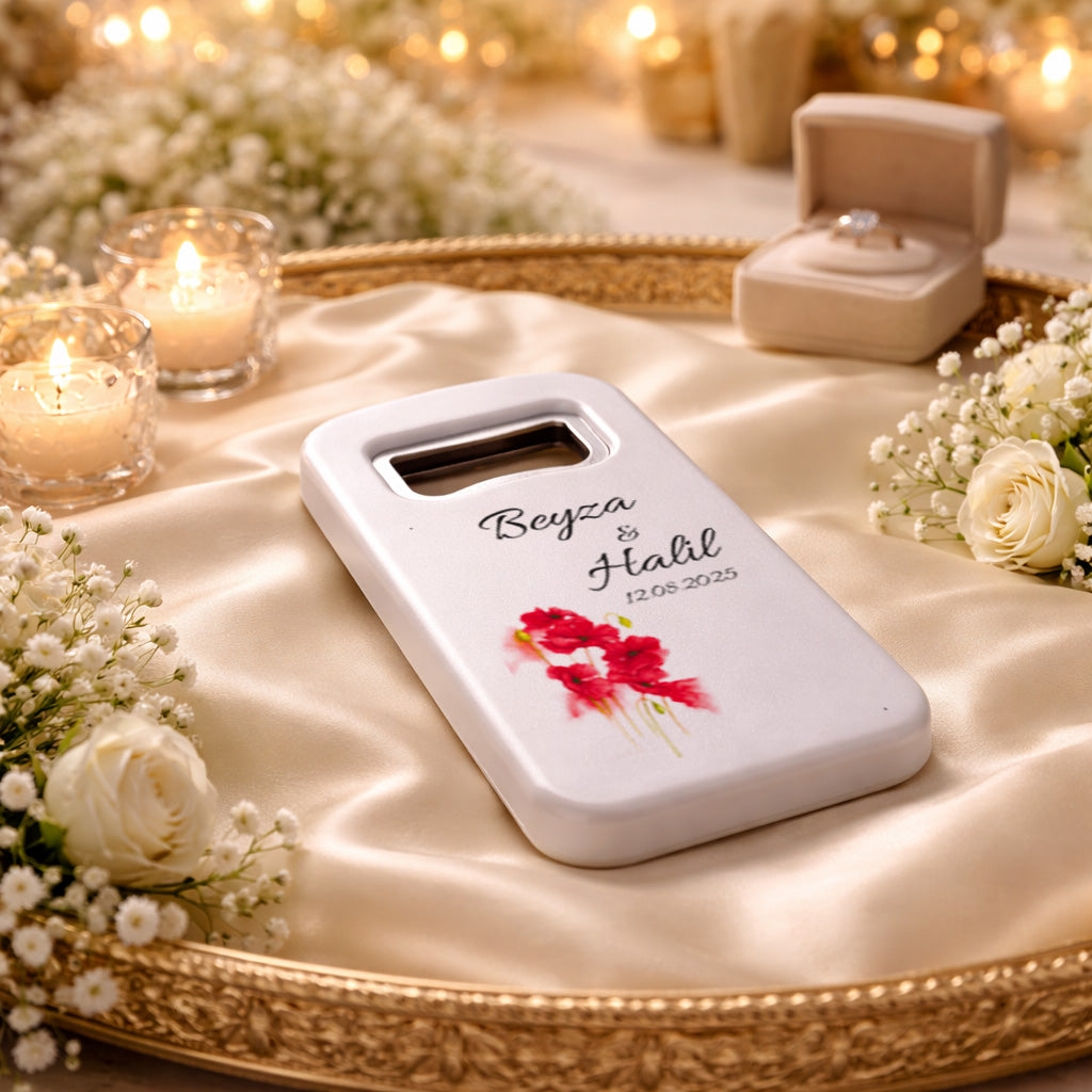 Kırmızı Çiçekli Düğün Magnet Açacak | Sade Şık İsim Baskılı Nikah Hatırası