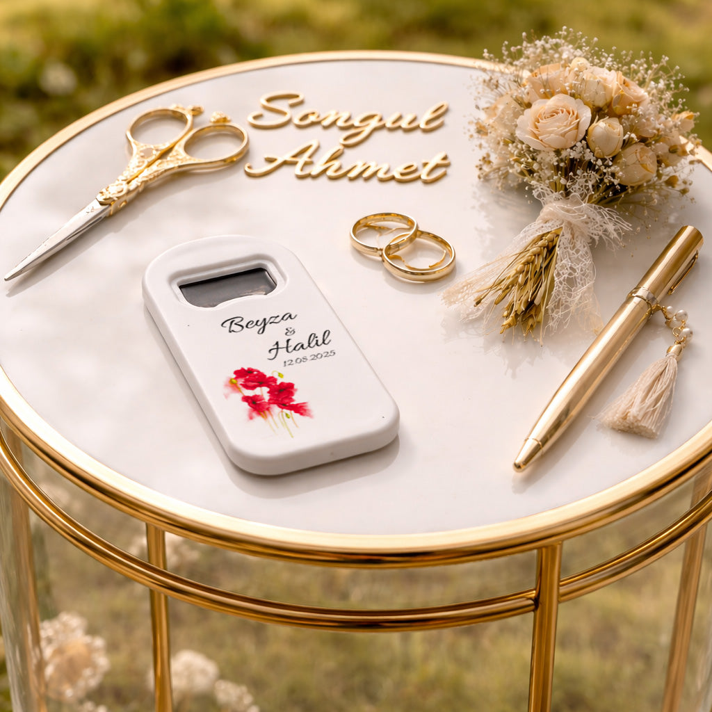 Kırmızı Çiçekli Düğün Magnet Açacak | Sade Şık İsim Baskılı Nikah Hatırası