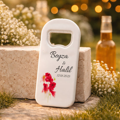 Kırmızı Çiçekli Düğün Magnet Açacak | Sade Şık İsim Baskılı Nikah Hatırası