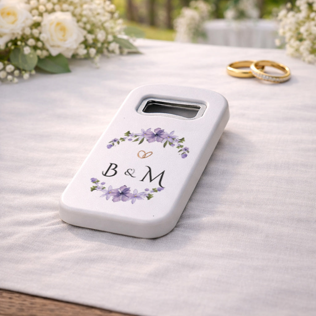 Mor Çiçekli Yüzük Detaylı Düğün Magnet Açacak | Romantik Tasarım