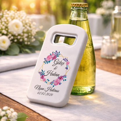 Pembe & Mor Çiçekli Nişan Magnet Açacak | Altın Çerçeveli Zarif Tasarım