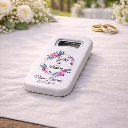 Pembe & Mor Çiçekli Nişan Magnet Açacak | Altın Çerçeveli Zarif Tasarım