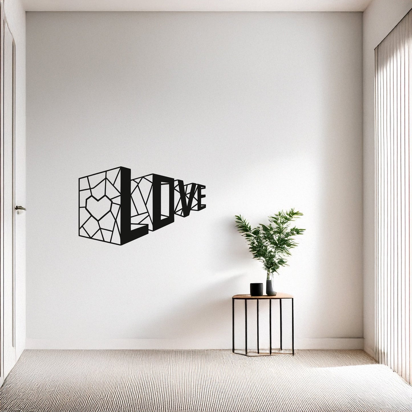 Love Geometrik Kalp Metal Duvar Tablosu - Modern Tipografi Sanatı
