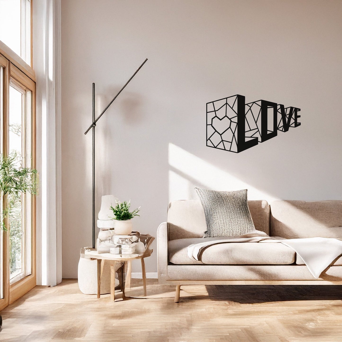 Love Geometrik Kalp Metal Duvar Tablosu - Modern Tipografi Sanatı