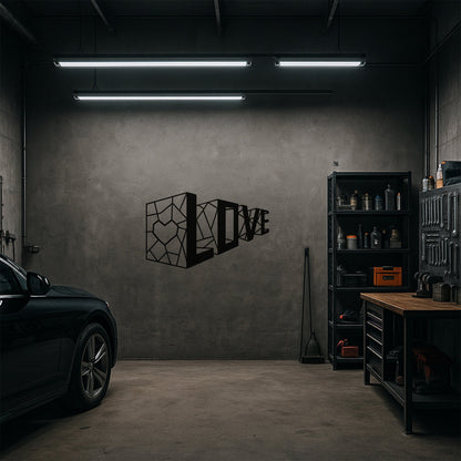 Love Geometrik Kalp Metal Duvar Tablosu - Modern Tipografi Sanatı