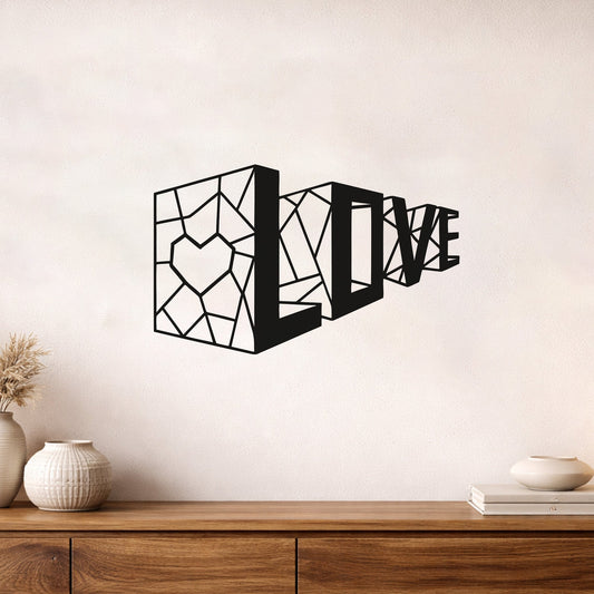 Love Geometrik Kalp Metal Duvar Tablosu - Modern Tipografi Sanatı