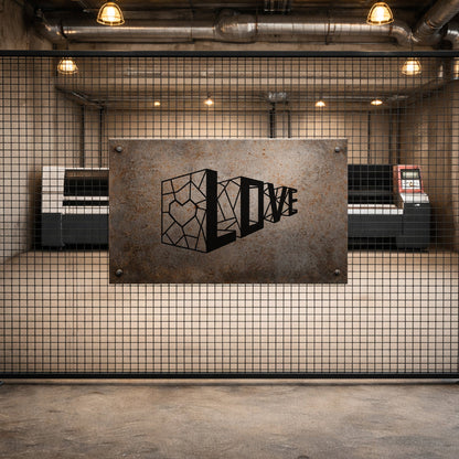 Love Geometrik Kalp Metal Duvar Tablosu - Modern Tipografi Sanatı