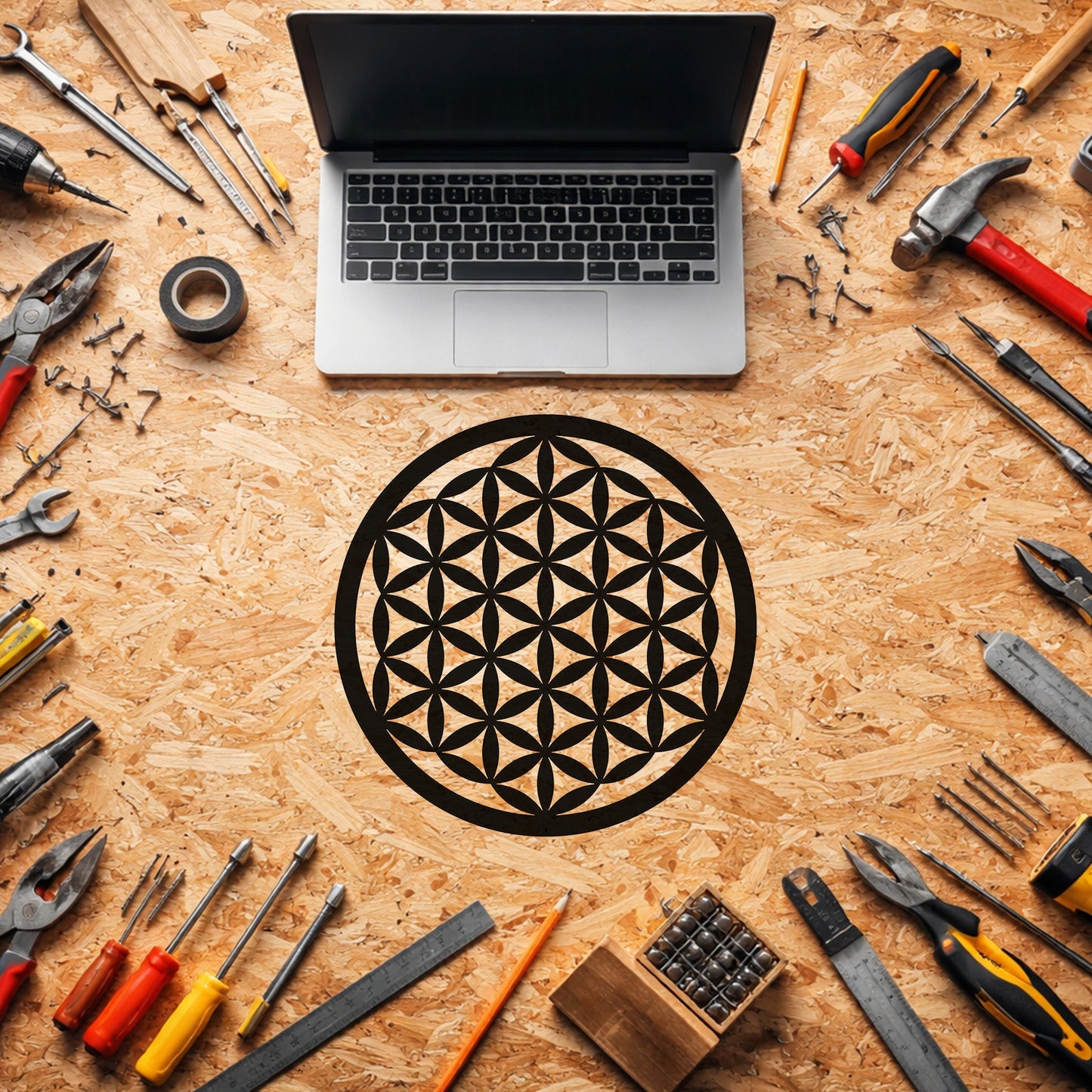 Yaşam Çiçeği Geometrik Desenli Dekoratif Metal Duvar Tablosu