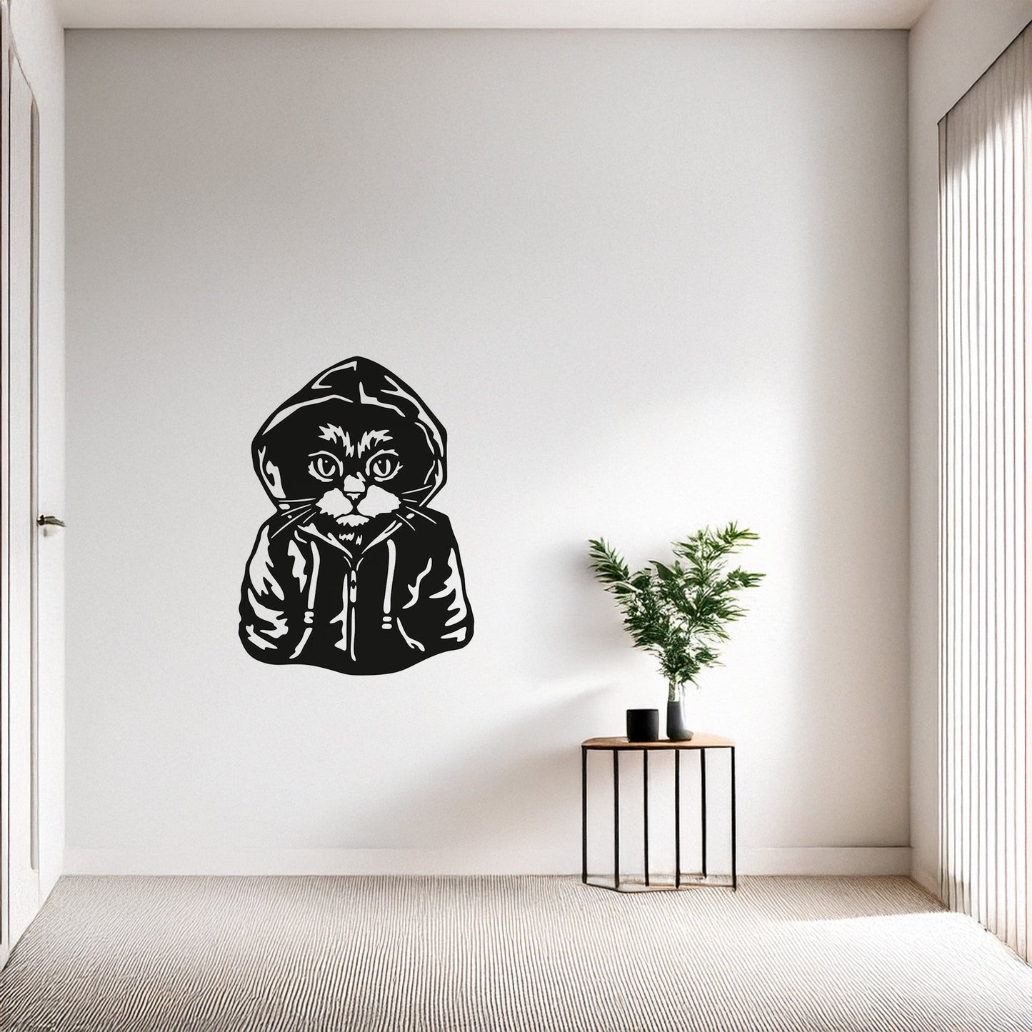 Hoodie Giyen Asi Kedi Figürlü Siyah Metal Duvar Tablosu