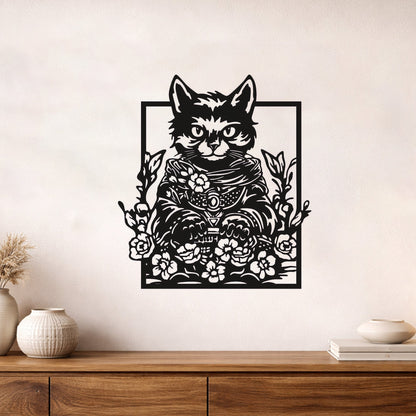 Çiçekli Kedi Figürlü Sanatsal Siyah Metal Duvar Tablosu