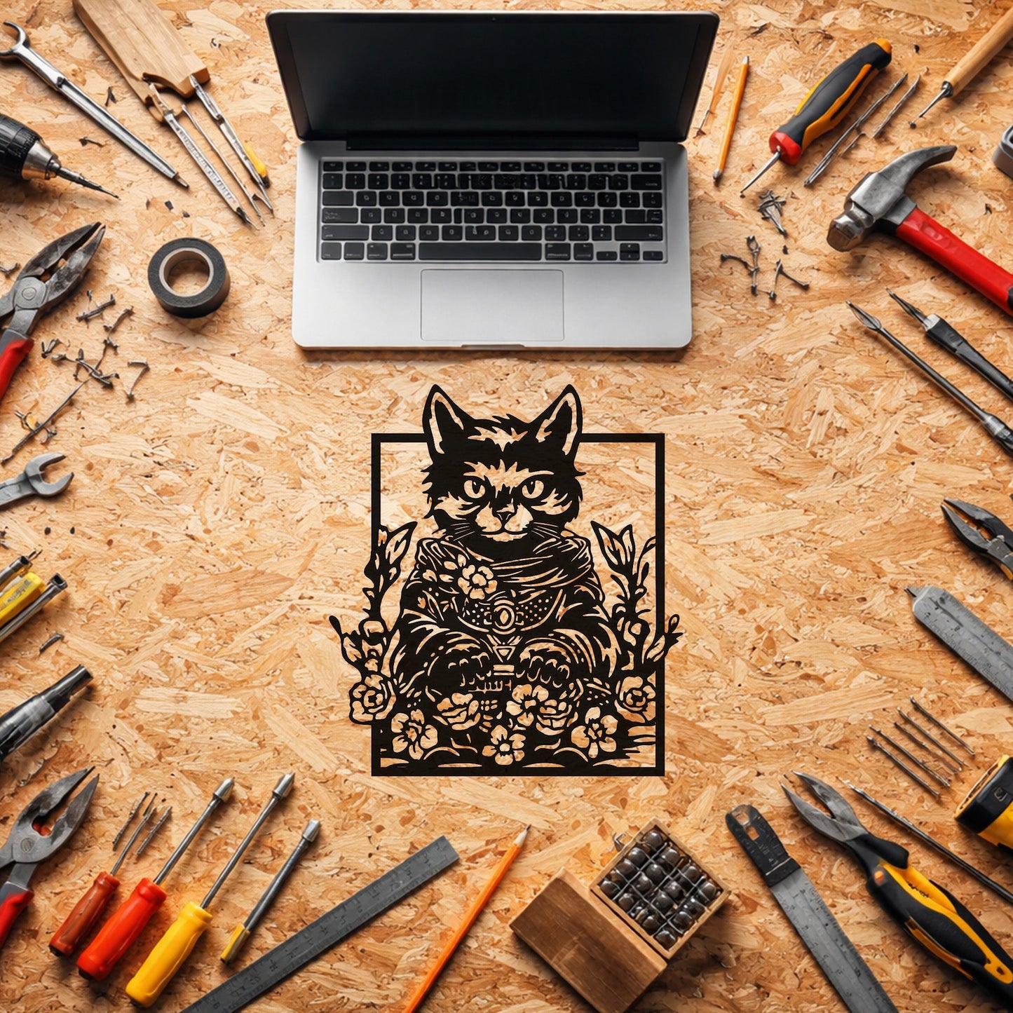 Çiçekli Kedi Figürlü Sanatsal Siyah Metal Duvar Tablosu