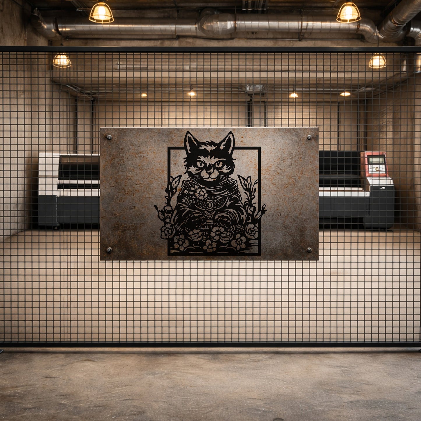 Çiçekli Kedi Figürlü Sanatsal Siyah Metal Duvar Tablosu