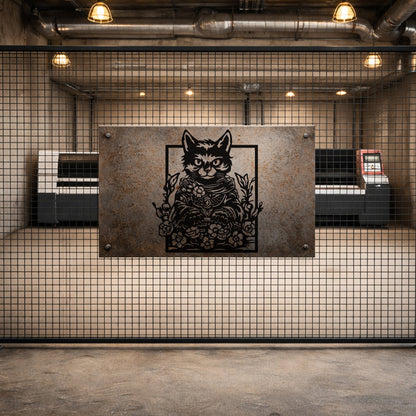 Çiçekli Kedi Figürlü Sanatsal Siyah Metal Duvar Tablosu