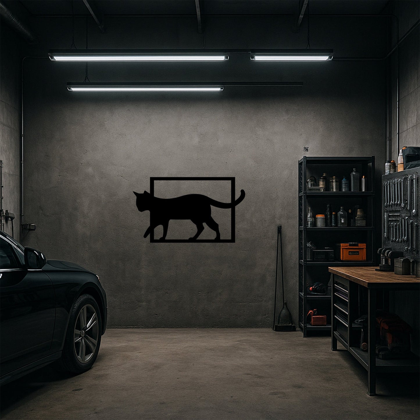 Çerçeveden Yürüyen Kedi Silüeti Metal Duvar Tablosu