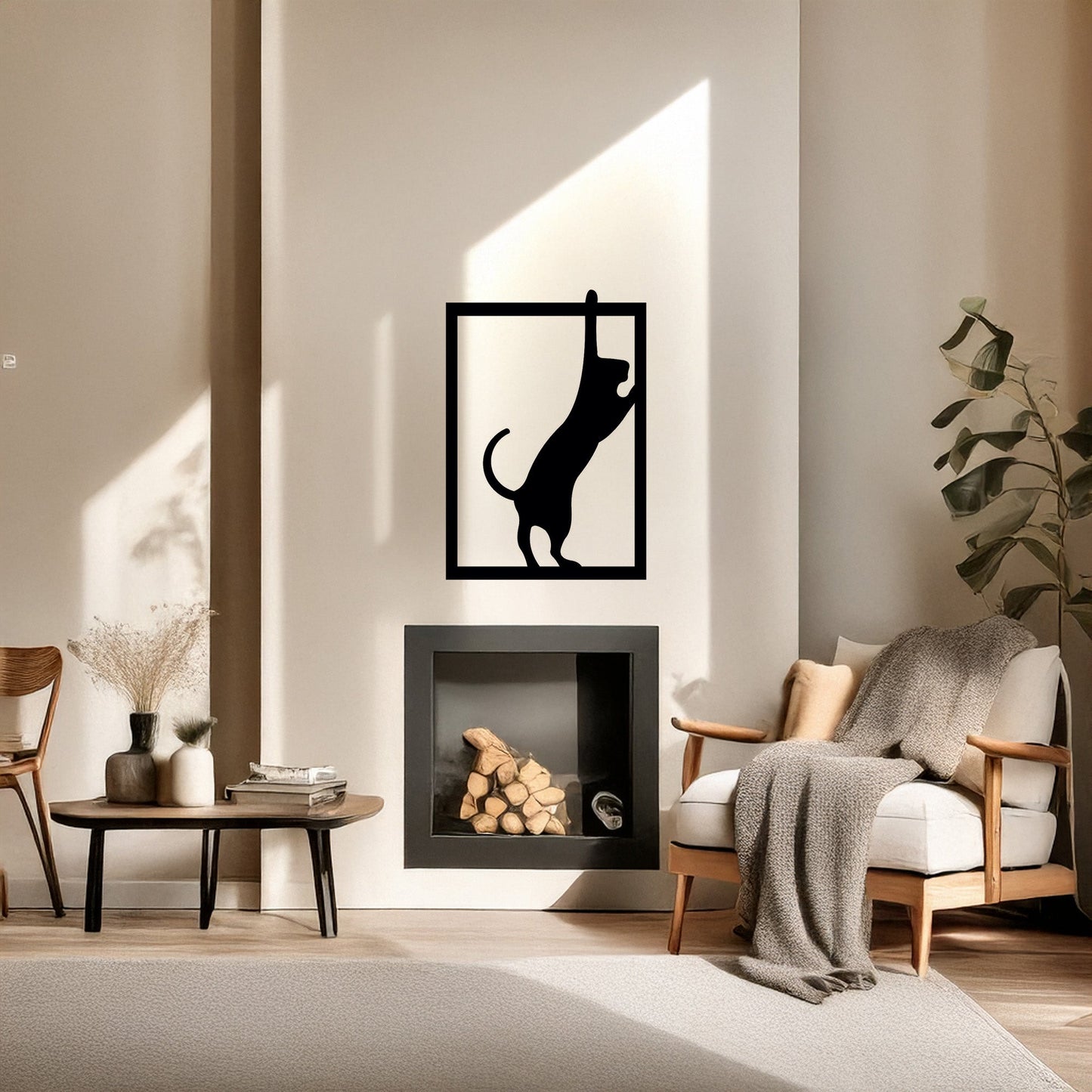 Siyah Metal Çerçevede Tırmanan Kedi Duvar Tablosu Modern Tasarım