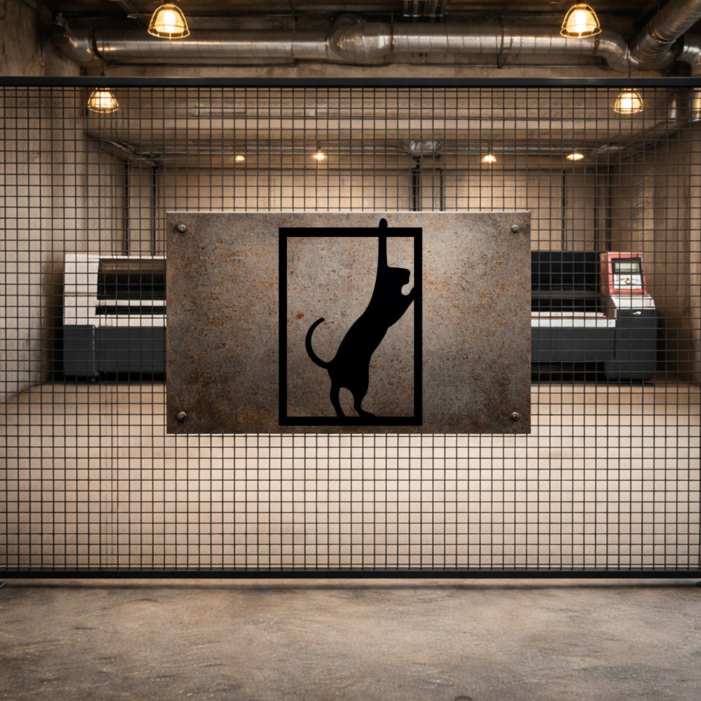Siyah Metal Çerçevede Tırmanan Kedi Duvar Tablosu Modern Tasarım