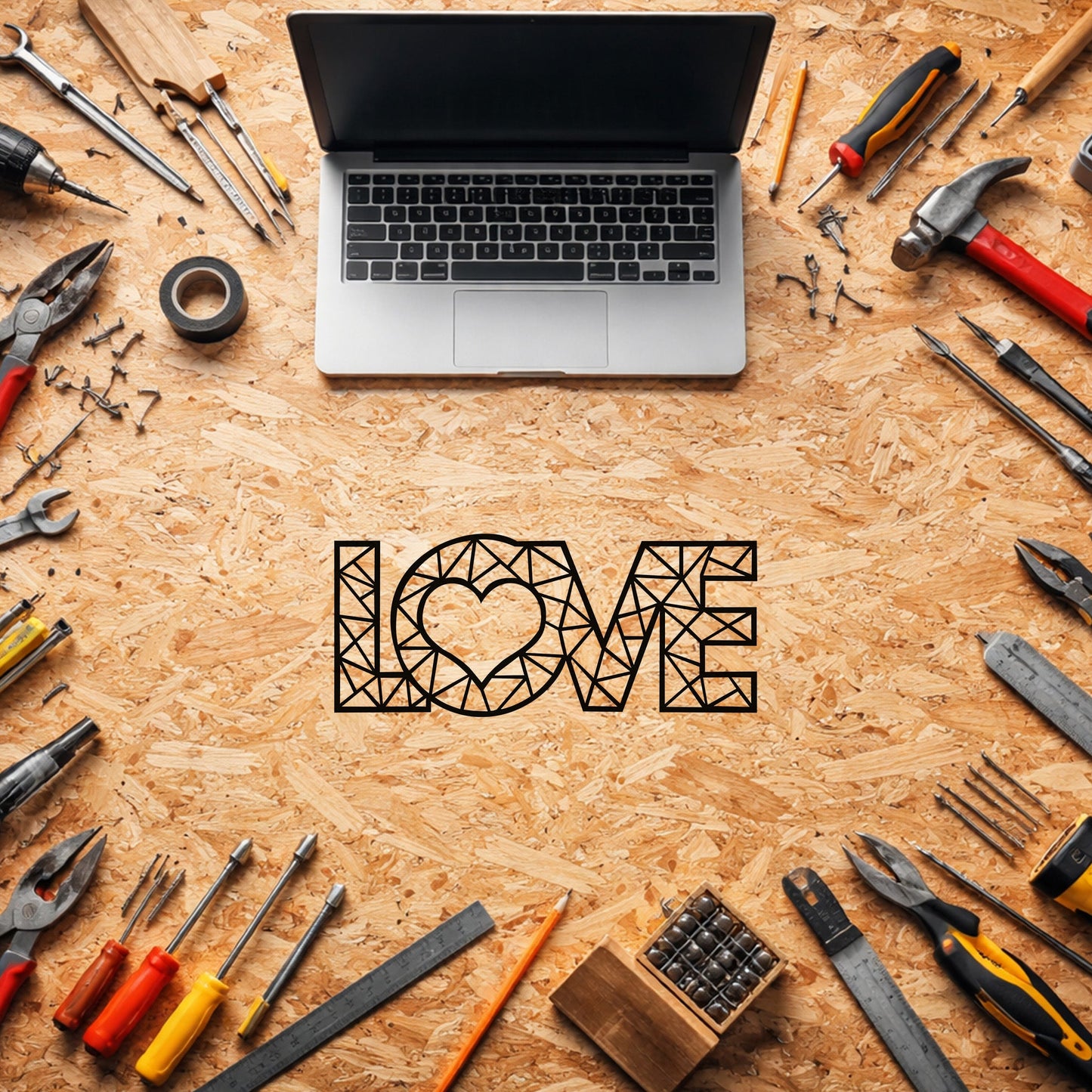 Geometrik LOVE Yazılı Kalp Figürlü Metal Duvar Tablosu