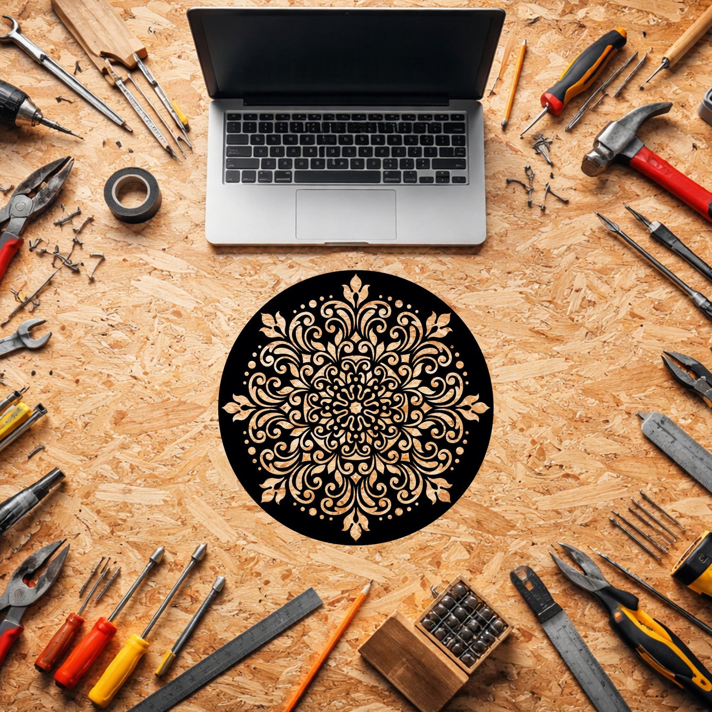 Yuvarlak Mandala Art Dekoratif Metal Duvar Tablosu Siyah
