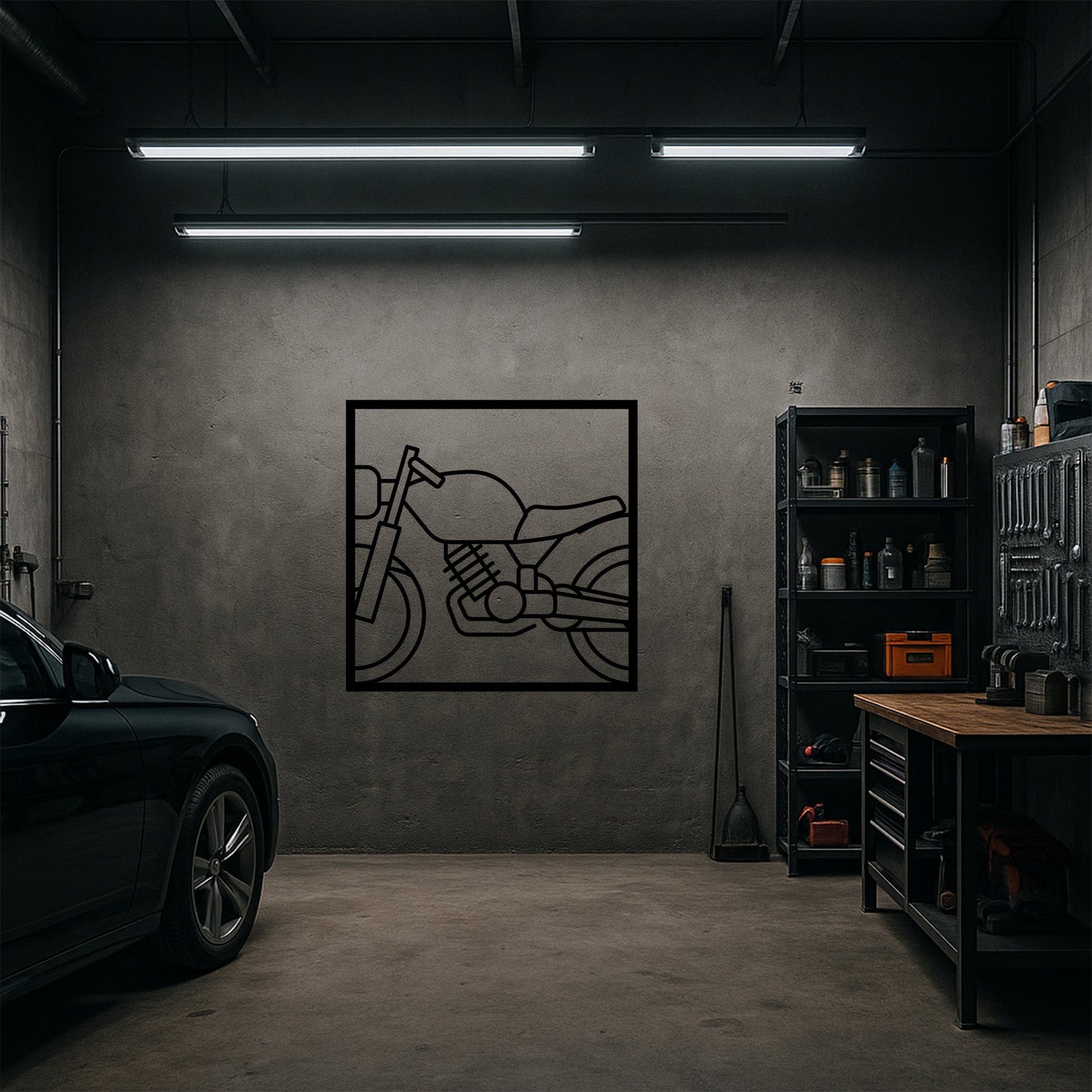 Modern Motosiklet Gövde Tasarımlı Siyah Metal Duvar Tablosu