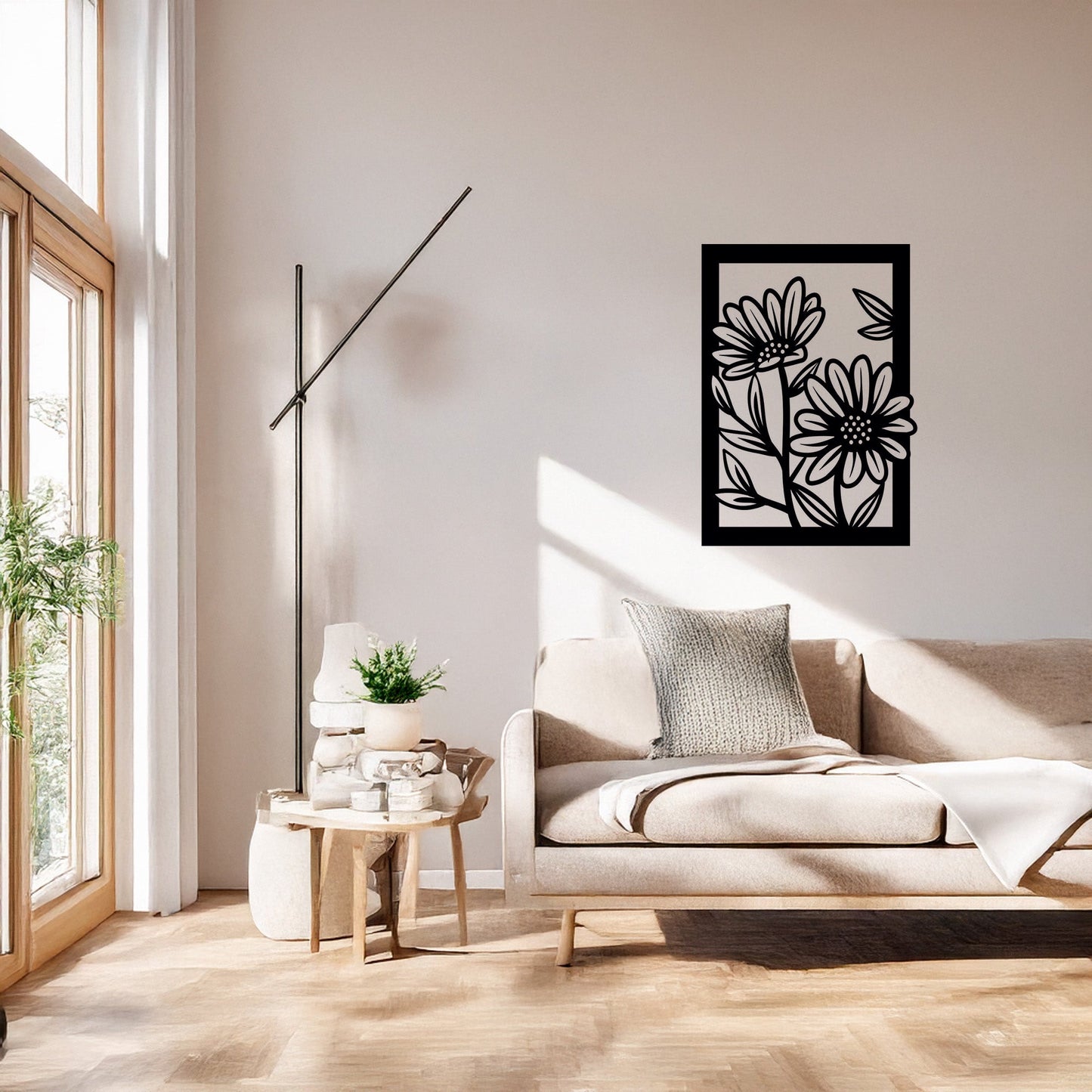 İkili Papatya Çiçek Desenli Siyah Metal Duvar Tablosu Modern Tasarım