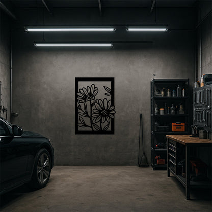 İkili Papatya Çiçek Desenli Siyah Metal Duvar Tablosu Modern Tasarım
