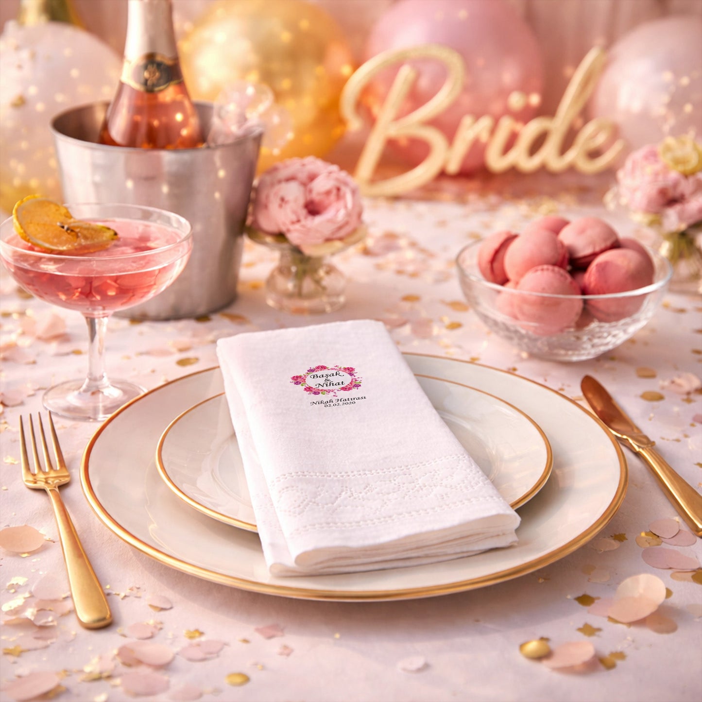 Balon Temalı Çiçekli İsimli Nikah Hatırası Baskılı Peçete