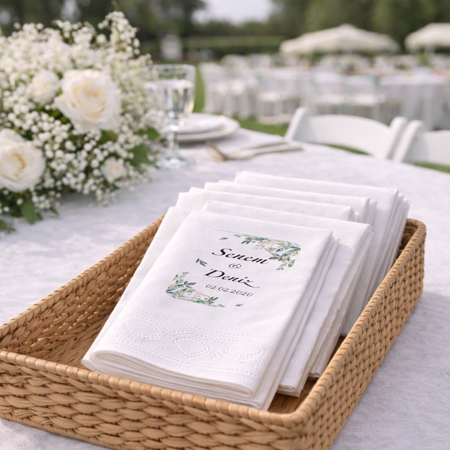 Senem & Deniz Yaprak Detaylı Düğün Peçetesi