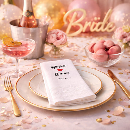 Büşra & Onur İsimli Kalp Detaylı Özel Baskılı Düğün Peçetesi