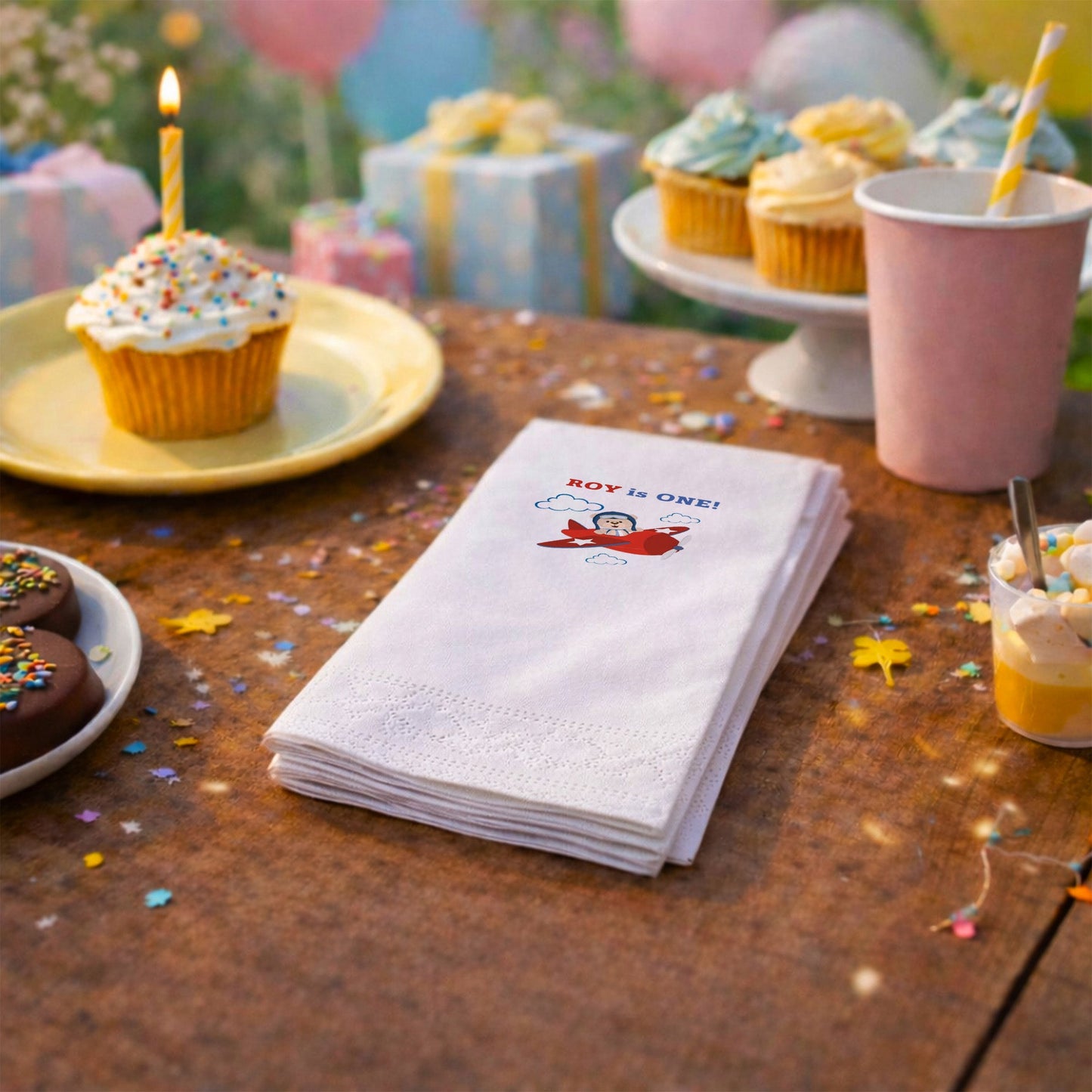 Uçaklı Ayıcık Temalı Erkek Bebek 1 Yaş Doğum Günü Peçetesi
