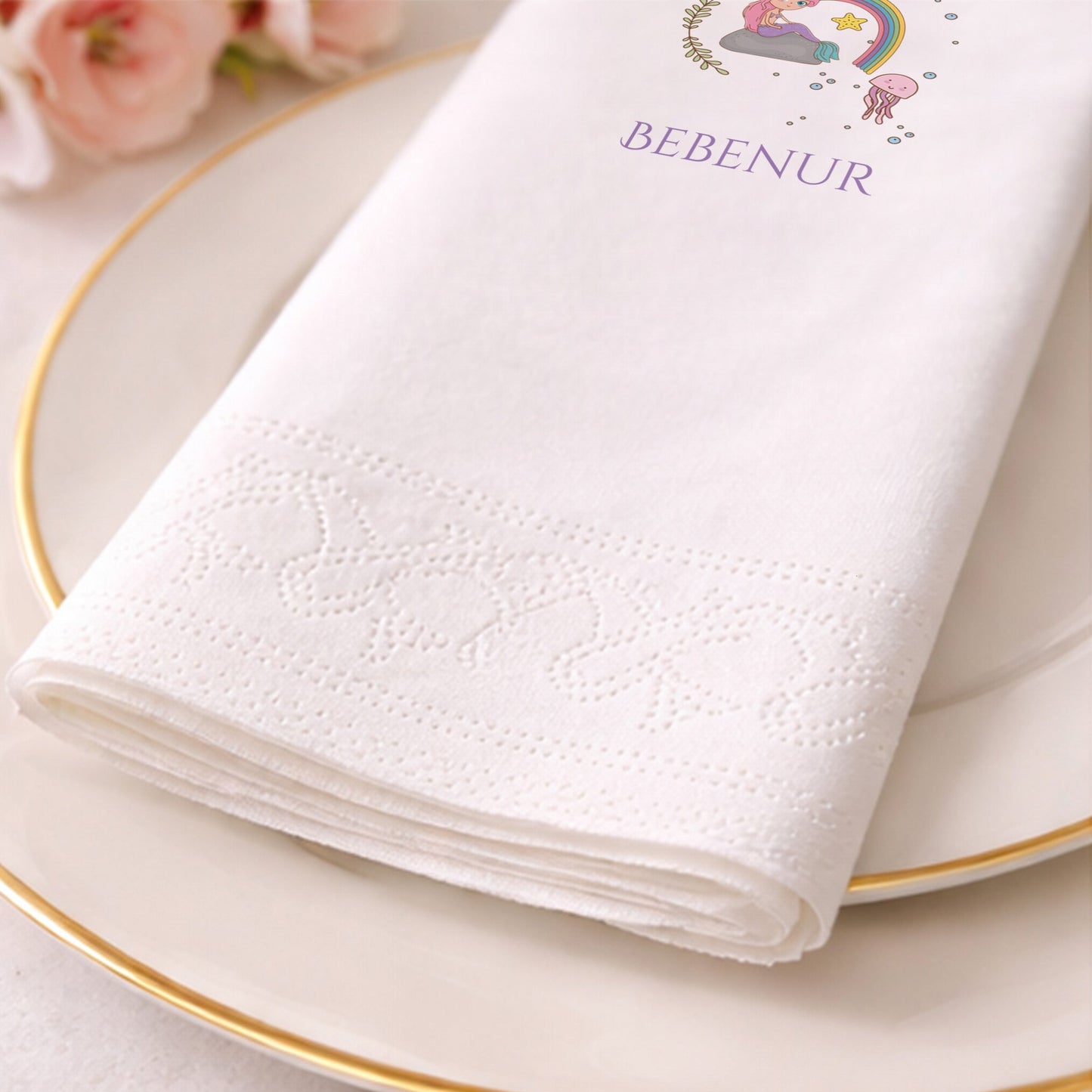 Denizkızı ve Gökkuşağı Temalı Bebenur Doğum Günü Peçetesi