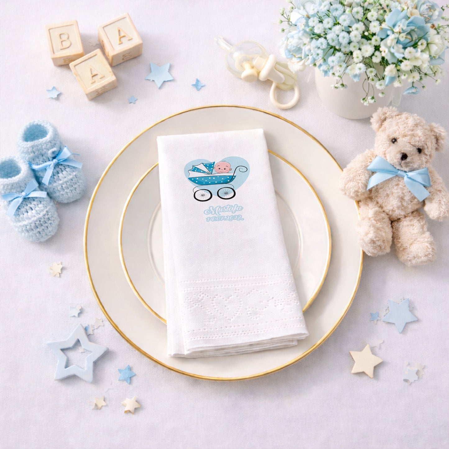 Mustafa İsme Özel Mavi Bebek Arabalı Baby Shower Peçetesi