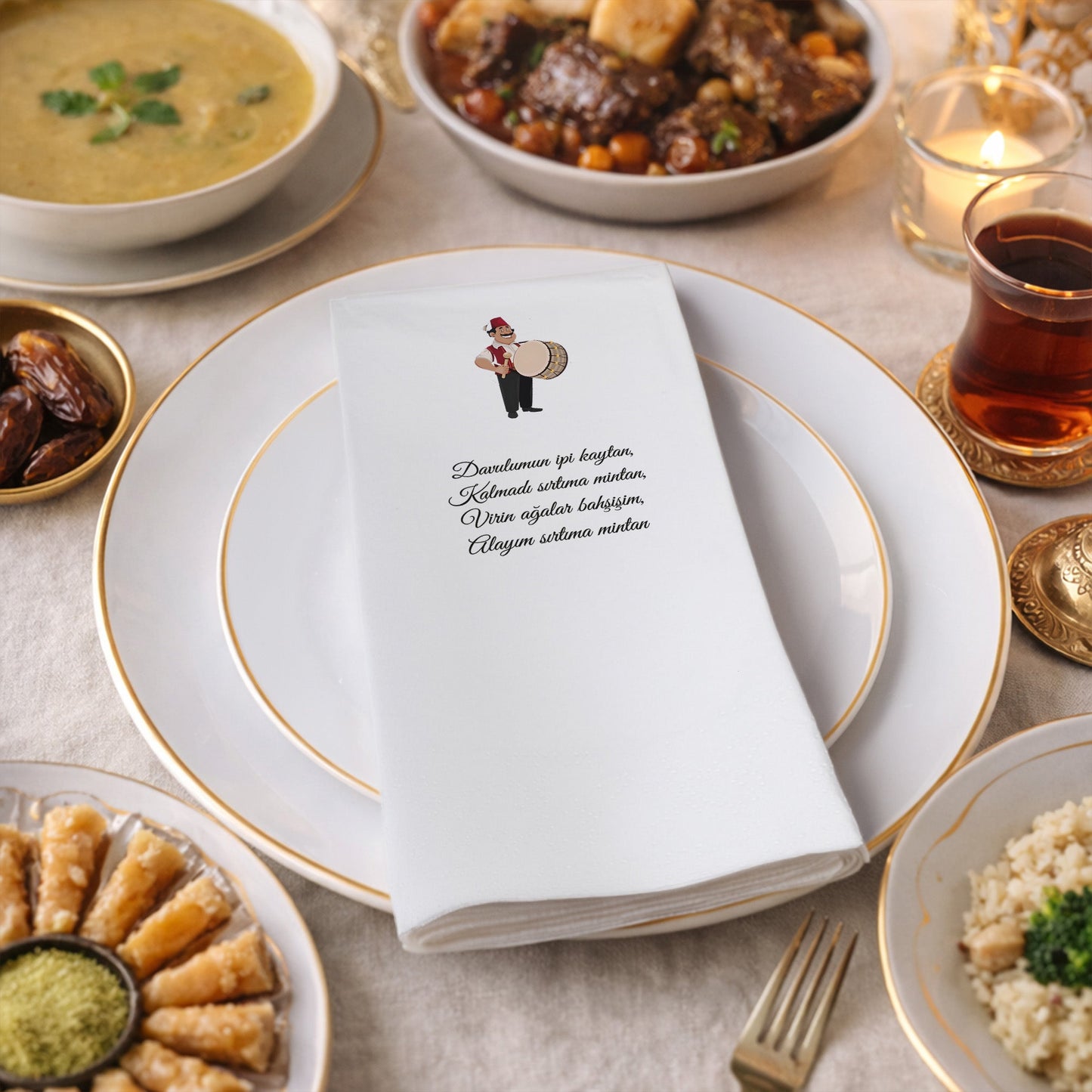 Ramazan Desenli Baskılı Peçete – Davulcu Motifli, 33x33 cm Çift Katlı, 20’li Paket | Kidzia